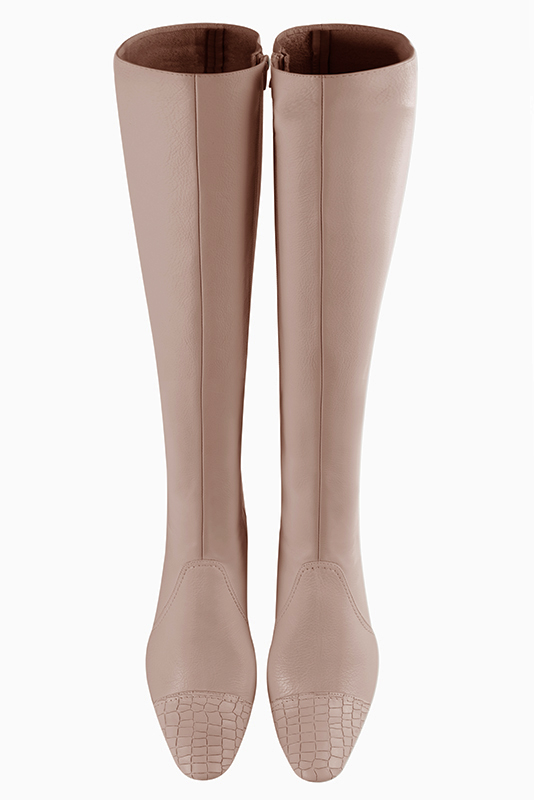 Powder pink women's feminine knee-high boots. Round toe. High block heels. Made to measure. Top view - Florence KOOIJMAN
